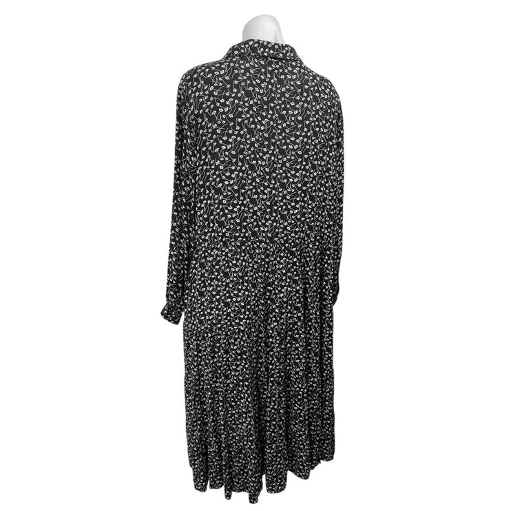 MONKL Black White Floral Long Sleeve Collared Pleated Midi Swing Dress Size XL