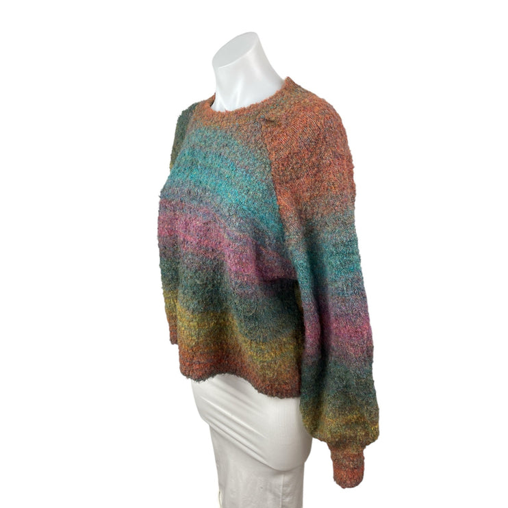Aqua Women's Multicolor Knit Rainbow Stripe Long Sleeve Crew Sweater Top Size L