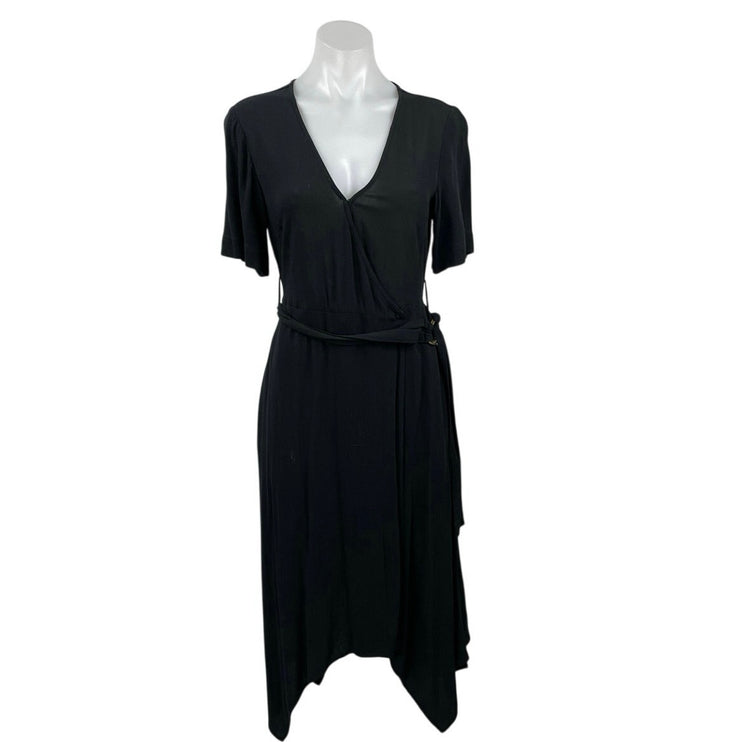 Banana Republic Black Short Sleeve V Neck Belted Asymmetric Midi Dress Size XS