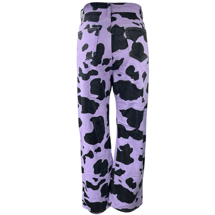 Women's Purple Black Animal Cow Print Loose Fit Straight Denim Jeans Size XS/2