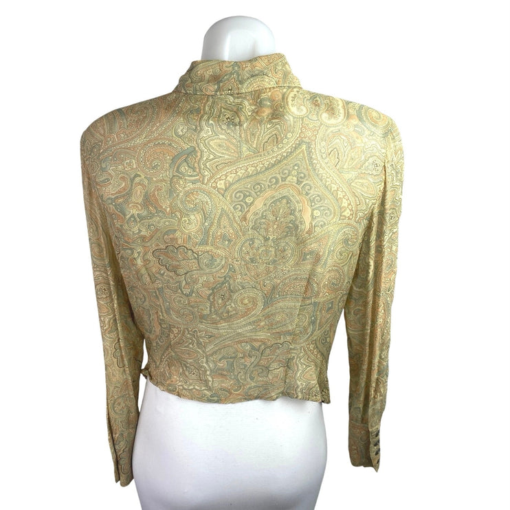 Francess Erita Gold Tan Textured Paisley Long Sleeve Button Up Shirt Top Size 12
