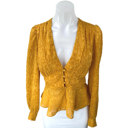 French Connection Brenna Yellow Long Puff Sleeve V-Neck Peplum Blouse Top Size 8