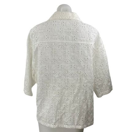 Zara Women's Whote Eyelet Embroidered Half Sleeve button Down Shirt Top Size M