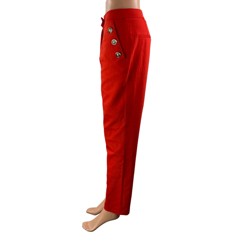 Zara Women's Red Button High Rise Pull On Slim Straight Trousers Pants Size M