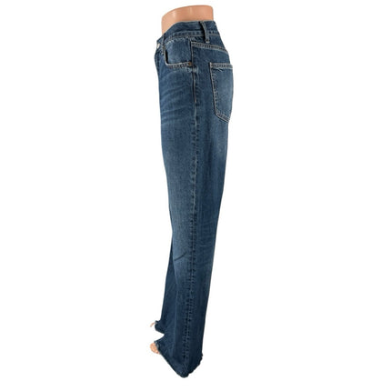 Zara Women Blue Medium Wash High Rise Straight Wide Leg Baggy Denim Jeans Size 6