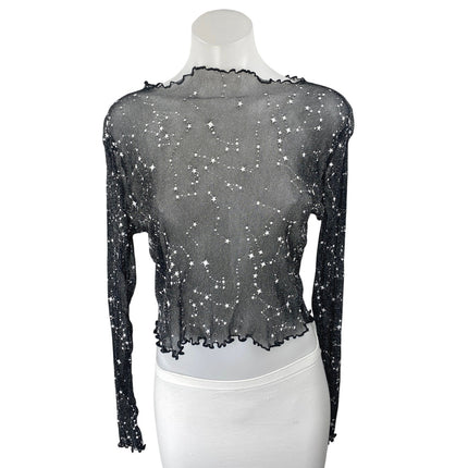 Women's Black Star Embellished Long Sleeve Mesh Sheer Crop Blouse Cover Up Top S