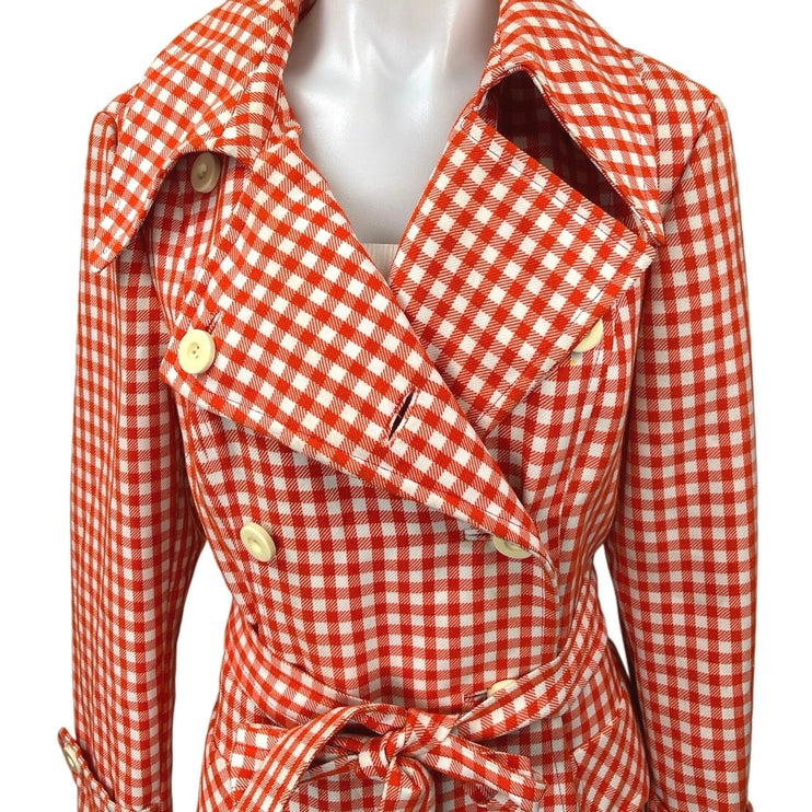 Vintage Fannye's Orange Gingham Check Double Breasted Trench Coat Jacket Size 14