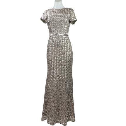 Aqua Formal Taupe Silver Sequin Fishnet Scoop Back Evening Maxi Dress Size 4