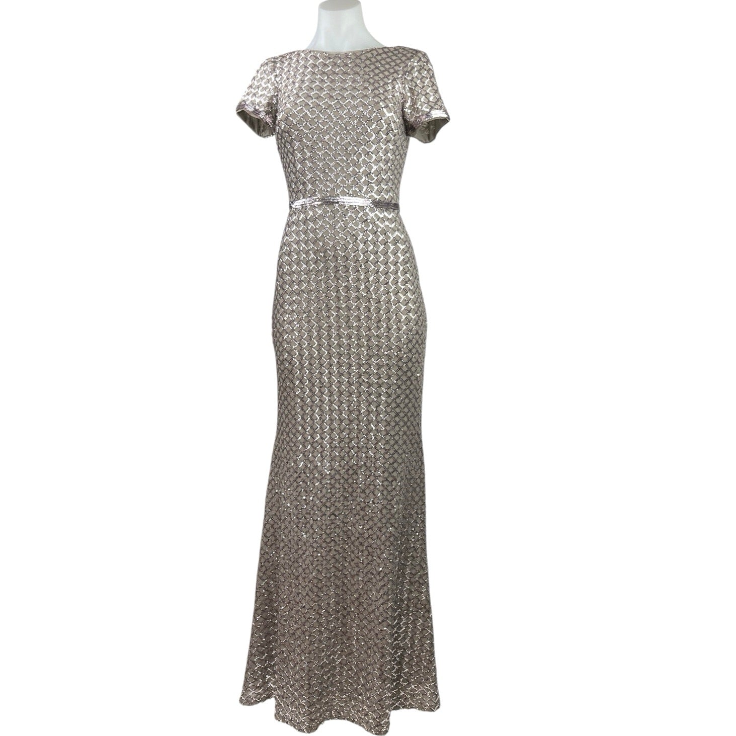 Aqua Formal Taupe Silver Sequin Fishnet Scoop Back Evening Maxi Dress Brie Aqua Formal Taupe Silver Sequin Fishnet Scoop Back Evening Maxi Dress Brie