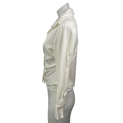 Zara Womens White Linen Long Sleeve Ruched Collared Button Down Shirt Top Size L