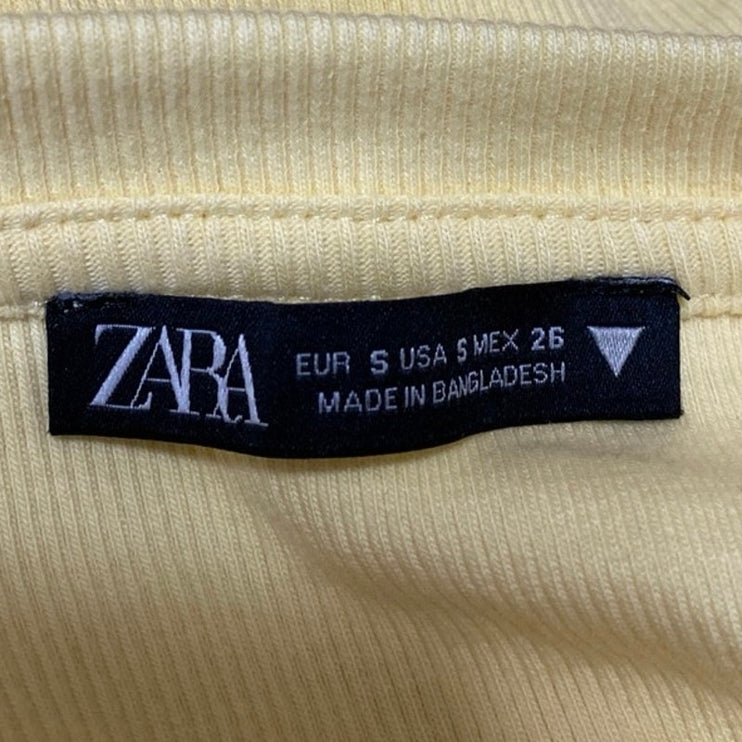 Zara Women's Yellow Rib Knit Short Ruffle Flutter Sleeve Crop Top Blouse Size S
