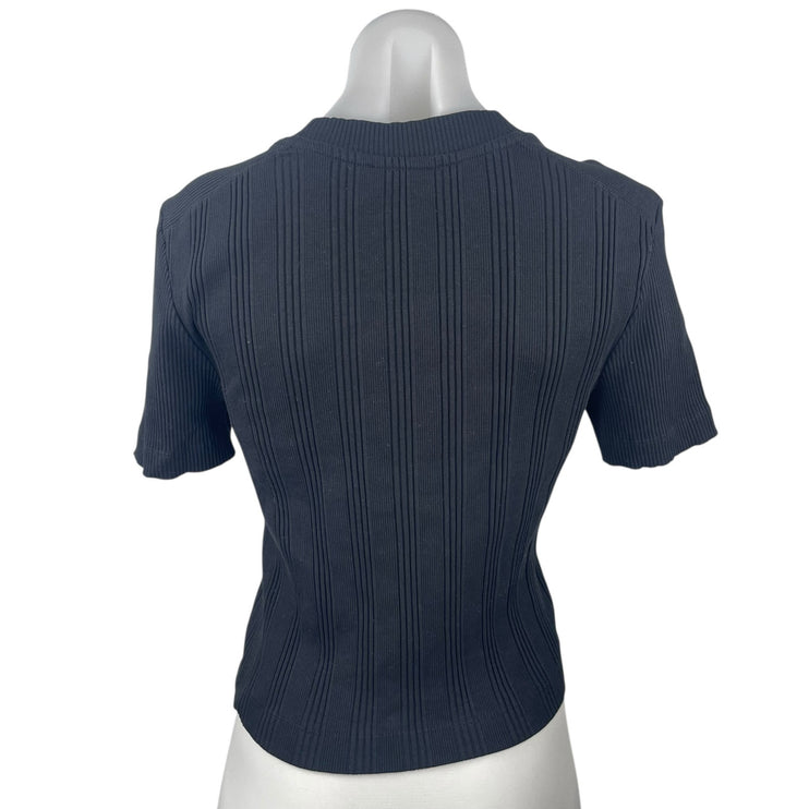 Zara Women's Black Rib Knit High Neck Short Sleeve Crop Tee Sweater Top Size L