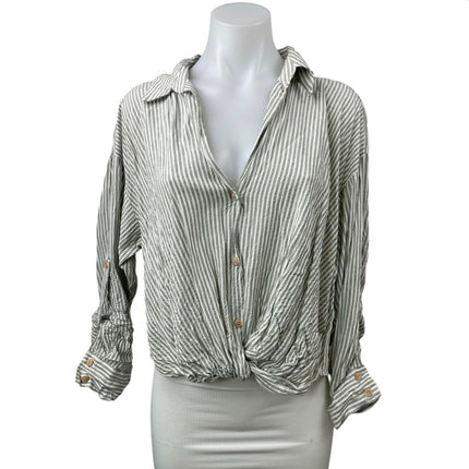 ZARA Green Striped Collared Long Sleeve Button Down Crop Shirt Blouse Top Size L