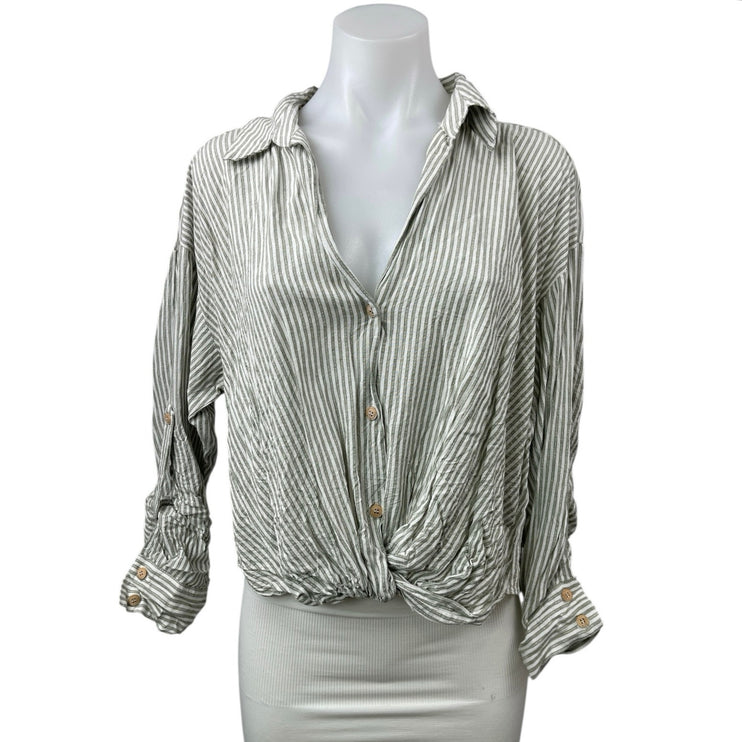ZARA Green Striped Collared Long Sleeve Button Down Crop Shirt Blouse Top Size L