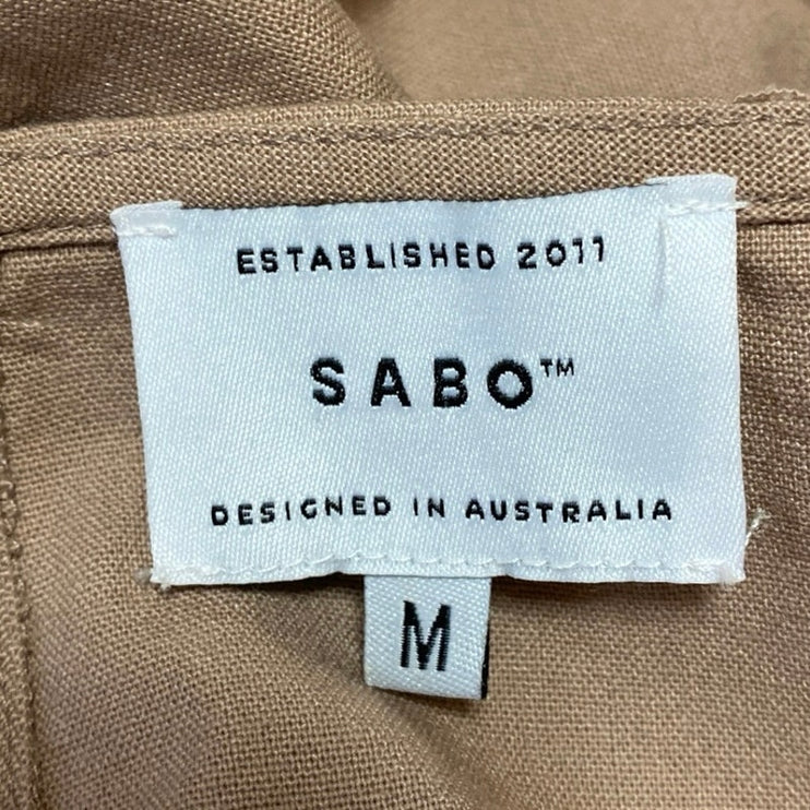 SABO Women's Tan Linen Short Puff Sleeve Bandeau Tube Blouse Crop Top Size M