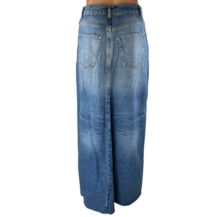 Reformation Tazz Women's Blue Medium Wash High Waisted Slit Maxi Denim Skirt 26