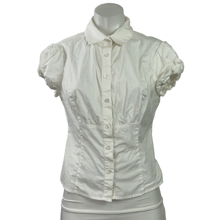 Guizio Womens White Short Puff Sleeve Collared Button Down Shirt Blouse Top Sz M