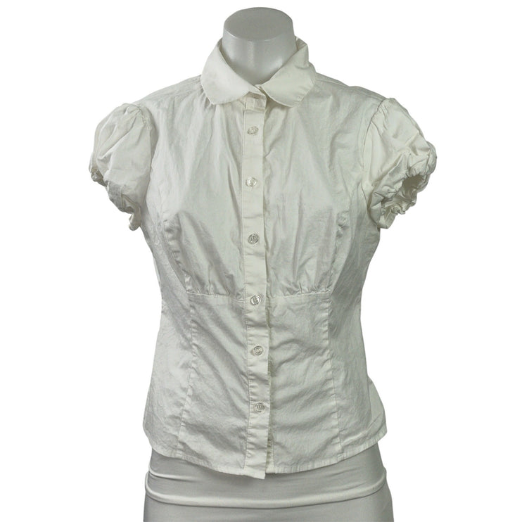 Guizio Womens White Short Puff Sleeve Collared Button Down Shirt Blouse Top Sz M