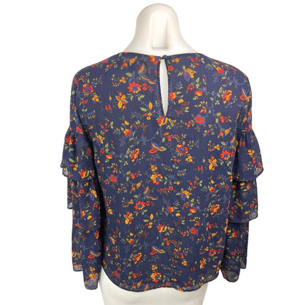 Madewell Navy Blue Floral Chiffon Ruffle Tiered Long Sleeve Blouse Top Size S