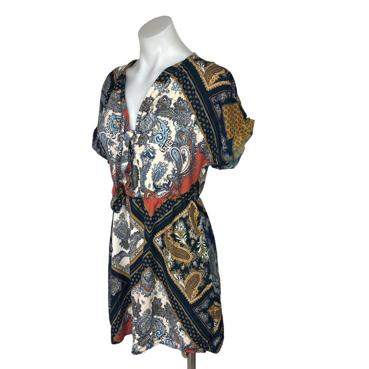 H&M Multicolor Handkerchief Scarf Paisley Tie V-Neck Short Sleeve Mini Dress 2