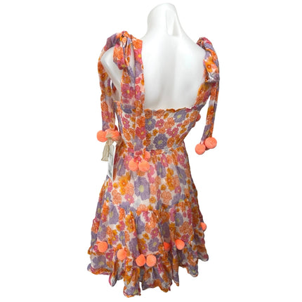 NEW Sundress Pippa Orange Sleeveless Pom Pom Smocked Mini Fit & Flare Dress XS