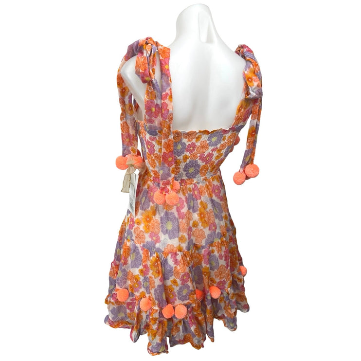NEW Sundress Pippa Orange Sleeveless Pom Pom Smocked Mini Fit & Flare Dress XS