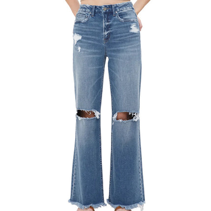 Mica Dehours Stretch Super High Rise Blue Distressed Wide Leg Denim Jeans Sz 24