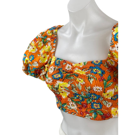 Zara Women's Coral Floral Smocked Short Puff Sleeve Square Neck Crop Top Size S