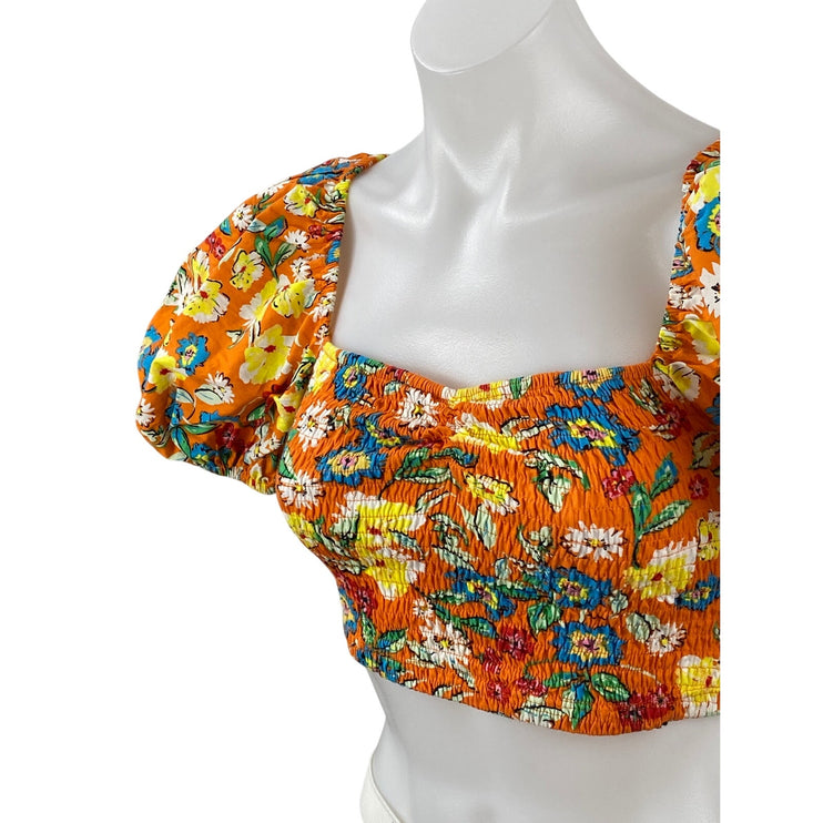 Zara Women's Coral Floral Smocked Short Puff Sleeve Square Neck Crop Top Size S