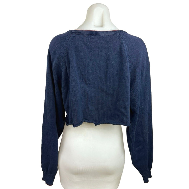 Upcycled Christian Dior Monsieur Blue V Neck Ribbed Knit Crop Sweater Top Sz M