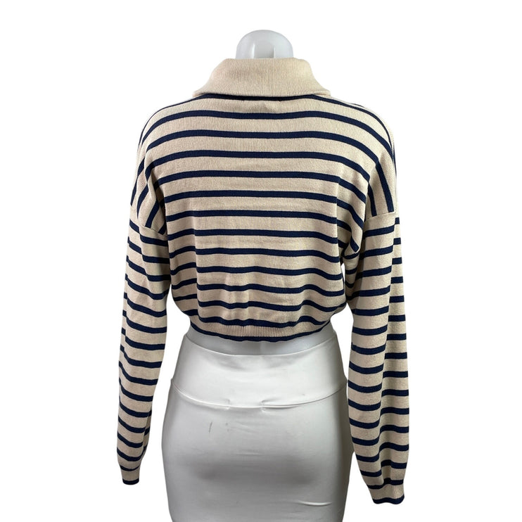 Lulus Womens Beige Black Striped Turtleneck Long Sleeve Cropped Sweater Top Sz S