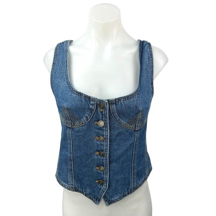 Lioness Blue Square Neck Sleeveless Button Denim Corset Crop Tank Top Vest Sz XL