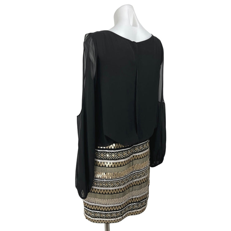 Aidan Mattox Black Sequin Metallic Long Sleeve Cold Shoulder Mini Pencil Dress 8