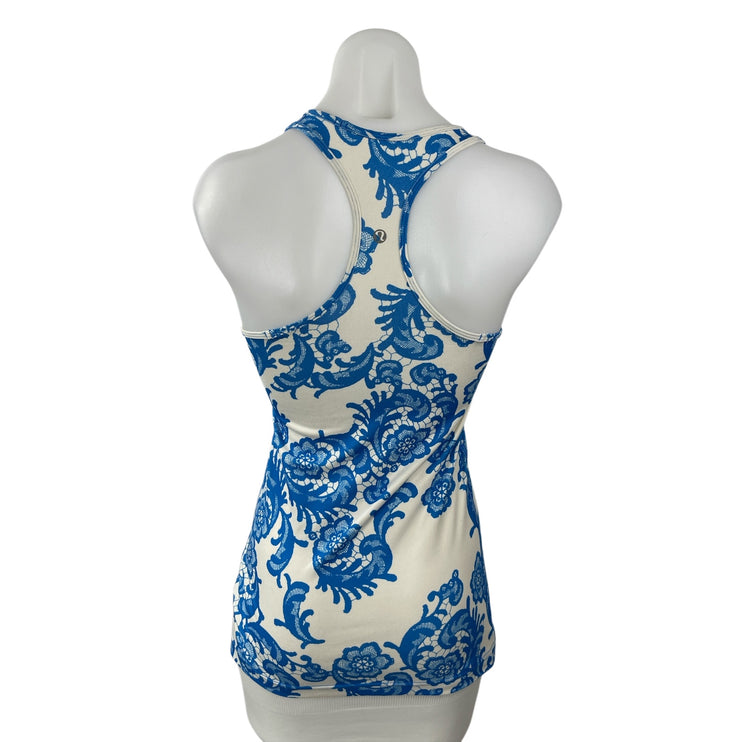 Lululemon White Blue Floral Racerback Yoga Workout Athletic Tank Top Size 4