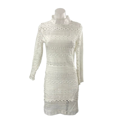 Women's Geometric Lace Crochet Long Sleeve Mini Bodycon Pencil Sheath Dress Sz S