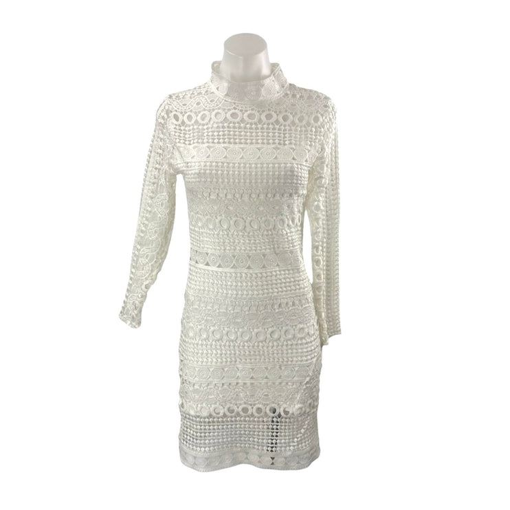 Women's Geometric Lace Crochet Long Sleeve Mini Bodycon Pencil Sheath Dress Sz S