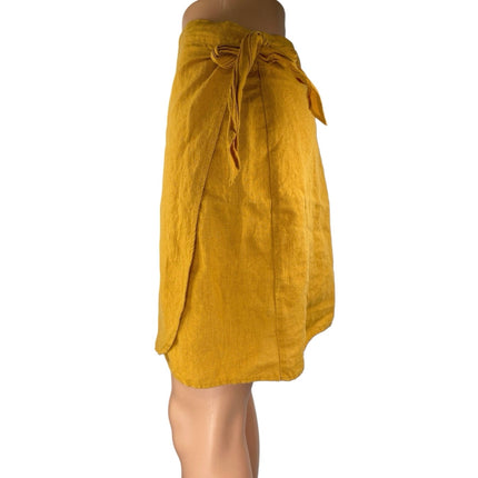 Zara Yellow Linen Tie Waist Lightweight Mini Straight Pencil Wrap Skirt Size L