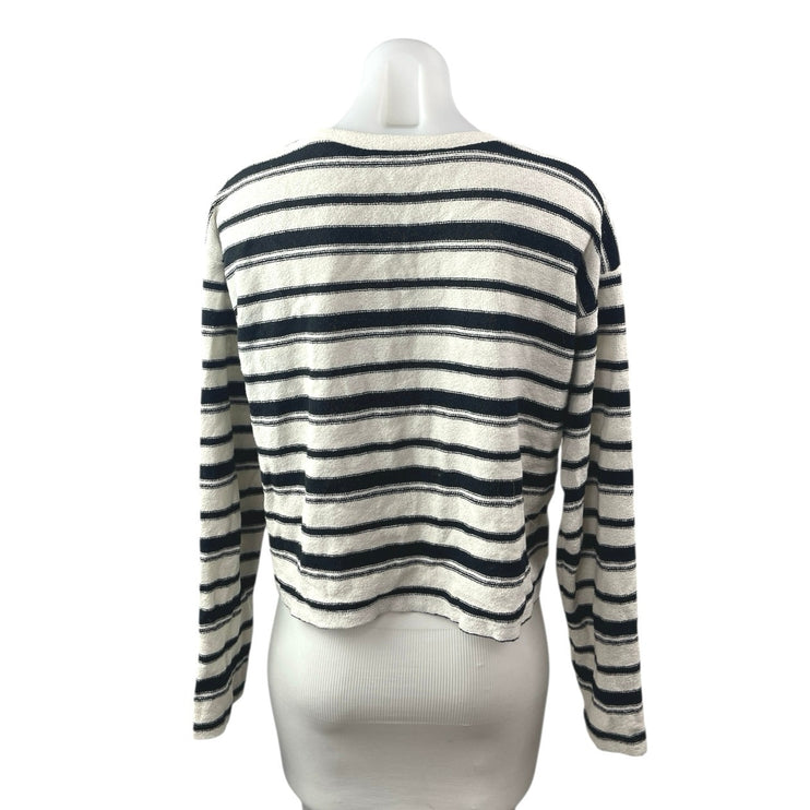 Zara Women's White Black Striped Crewneck Long Sleeve Crop Sweater Top Size L