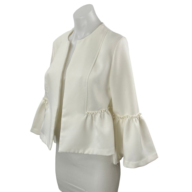 Akira Women's White Ruffle Bell Sleeve Round Neck Peplum Blazer Coat Jacket Sz M
