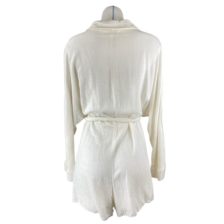 L Space White Collared Long Sleeve Belted Button Down Shirt Jumpsuit Romper Sz L