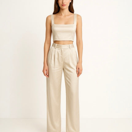Princess Polly Cream Silky Satin Crop Top & WideLeg Trousers Matching Set Size 8