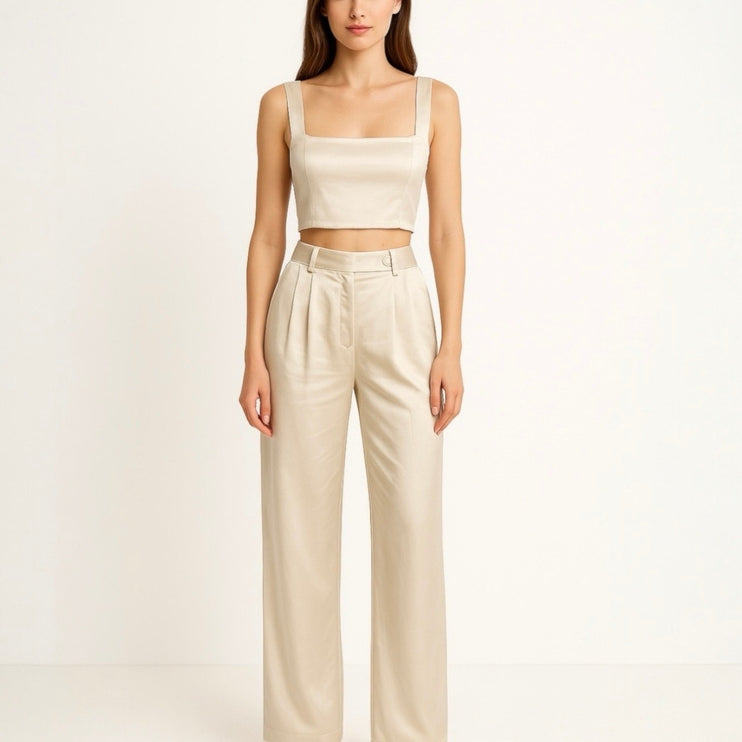 Princess Polly Cream Silky Satin Crop Top & WideLeg Trousers Matching Set Size 8