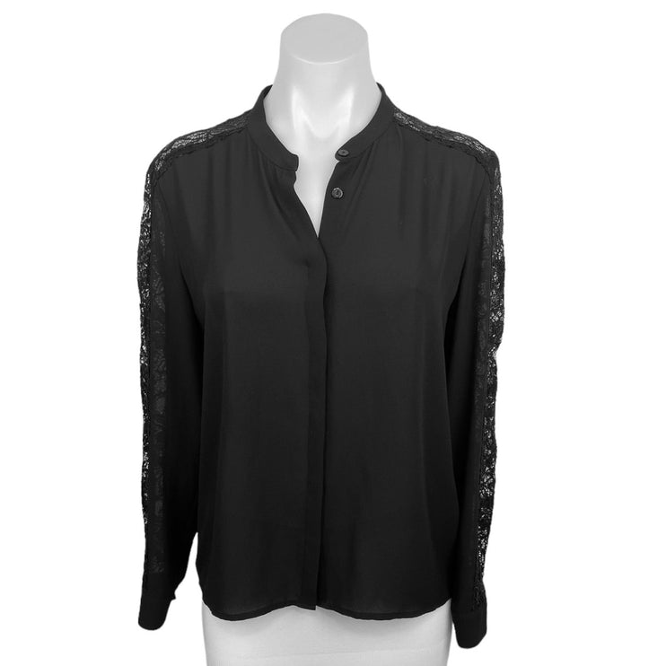 The Kooples Black Lace Trim Button Down Long Sleeve Career Office Shirt Blouse 1