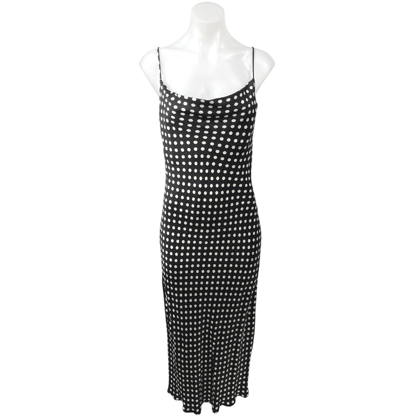 Zara Black White Silk Satin Polka Dots Cowl Neck Cami Slip Midi