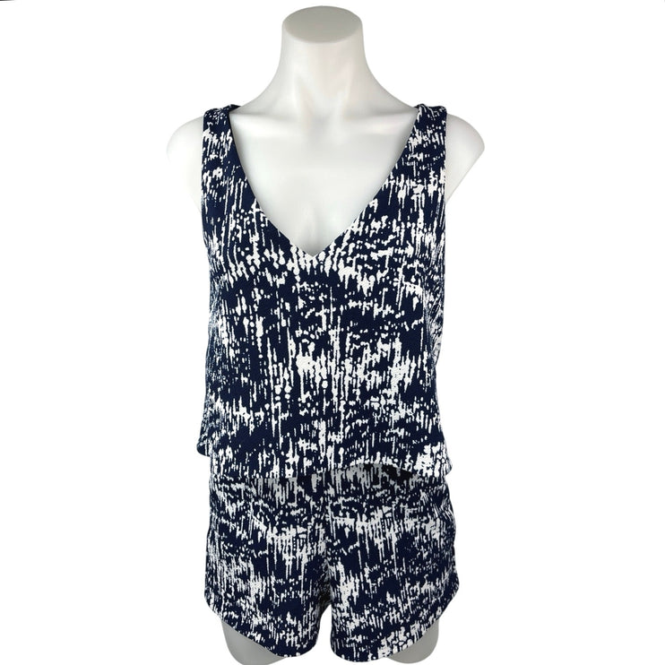 Aqua Navy Blue White Printed V Neck Sleeveless Tank Lounge Romper Shorts Size S