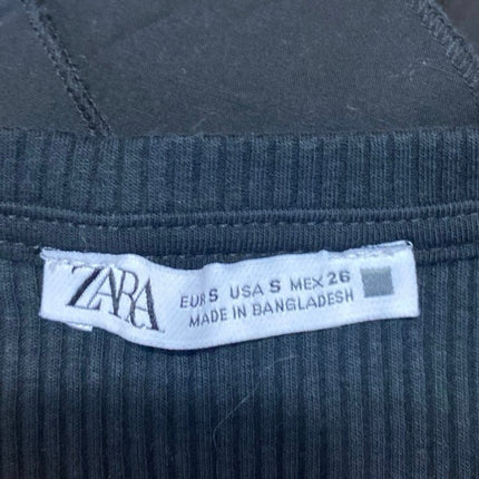 Zara Black Rib Knit Short Flutter Ruffle Sleeve V-Neck Slim Crop Blouse Top S