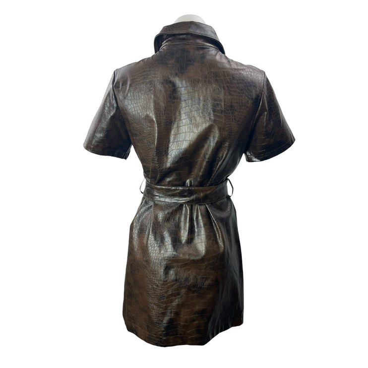 Topshop Women's Brown Croc Faux Leather Vegan Tie Waist A Line Mini Dress Size 6