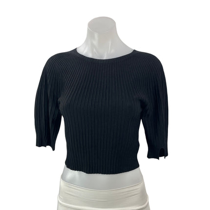 Favorite Daughter Women's Black Short Puff Sleeve Ribbed Knit Cropped Blouse S