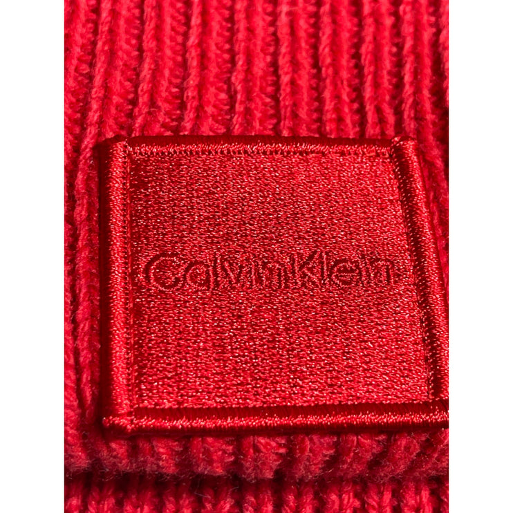 Calvin Klein Women's Red Wool Ribbed Knit Cuffed Logo Winter Beanie Hat OS