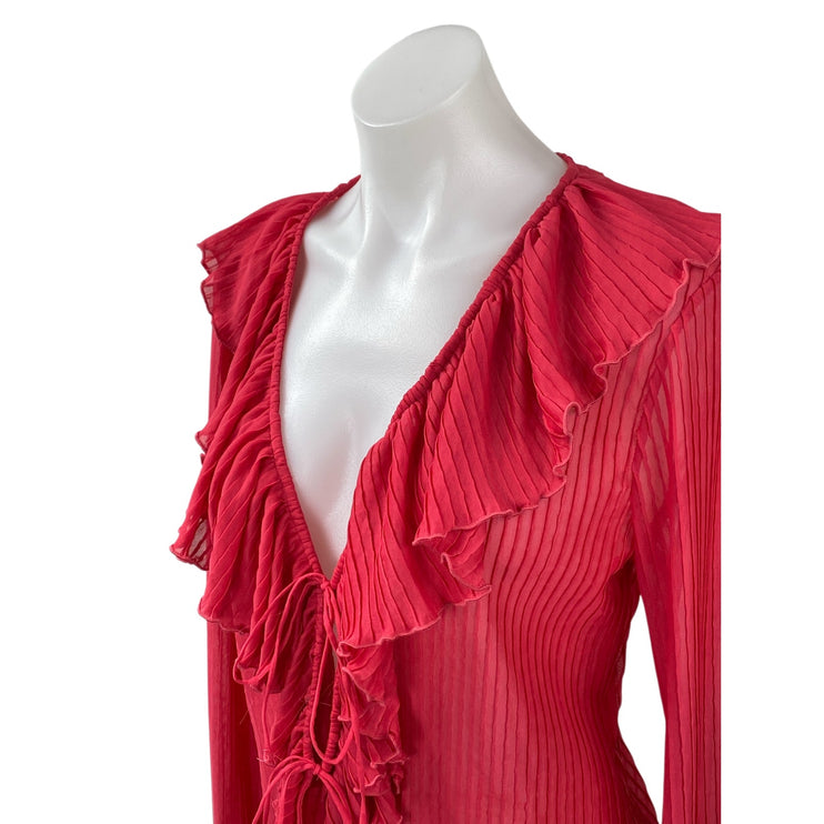 Zara Womens Red Sheer Ruffled Tie Front V Neck Long Sleeve Cardigan Blouse Top L